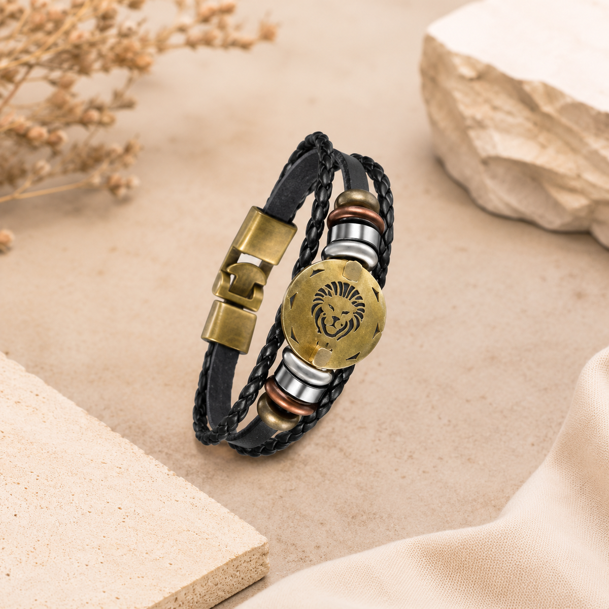 Luxury Vintage Zodiac Gold Plated Leather Bracelet Wrist Wear For Men