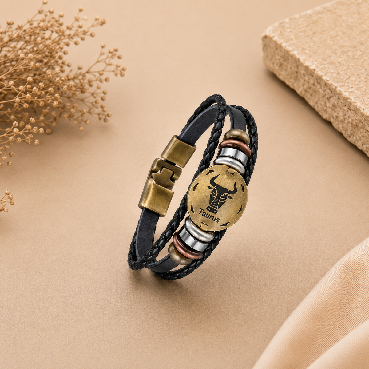 Luxury Vintage Zodiac Gold Plated Leather Bracelet Wrist Wear For Men