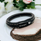 Braided Black Leather Wrist Band Multi Strand Personalized Engraved Bracelet Men