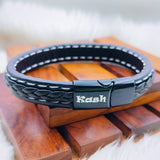 Braided Black Leather Wrist Band Multi Strand Personalized Engraved Bracelet Men