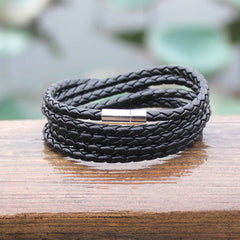 Rope Braided Crafted Black Leather Wrist Band Strand Bracelet Unisex