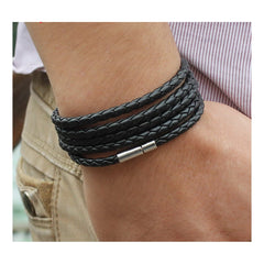 Rope Braided Crafted Black Leather Wrist Band Strand Bracelet Unisex