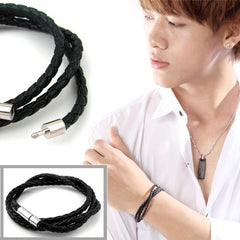 Rope Braided Crafted Black Leather Wrist Band Strand Bracelet Unisex
