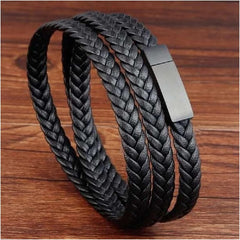 Braided Crafted Black Leather Wrist Band Multi Strand Bracelet Men