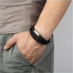 Braided Crafted Black Leather Wrist Band Multi Strand Bracelet Men
