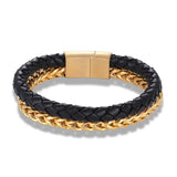 Two Layer Black Gold 316L Stainless Steel Leather Bracelet For Men