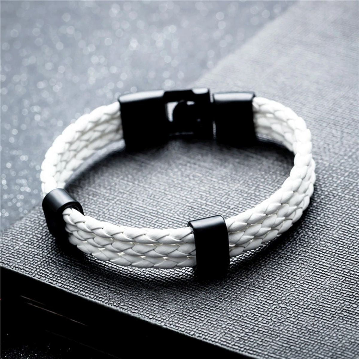 White Triple Layer Braided Rope Leather Wrist Band Wrap Bracelet
