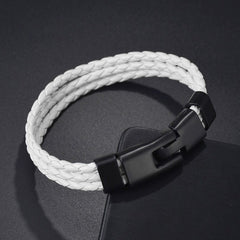 White Triple Layer Braided Rope Leather Wrist Band Wrap Bracelet