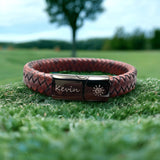 Braided Brown Leather Black Stainless Steel Wrist Band Personalized Engraved Bracelet Men