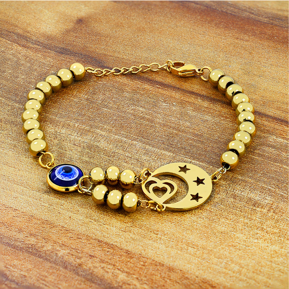 Crescent Turkish Blue Evil Eye Lucky Gold Stainless Steel Bracelet