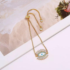 Evil Eye Copper Rose Gold Cubic Zirconia adjustable Slider Bracelet Women