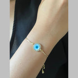 Gold Blue Evil Eye Nazariya Mother Of Pearl Cubic Zirconia American Diamond Adjustable Bracelet