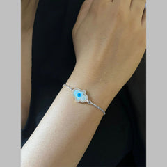 Silver Blue Evil Eye Nazariya Hamsa Hand Mother Of Pearl Cubic Zirconia American Diamond Bracelet