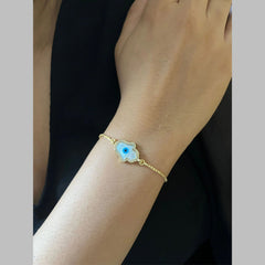 Evil Eye Hamsa Gold Mother Of Pearl Cubic Zirconia Slider Bracelet