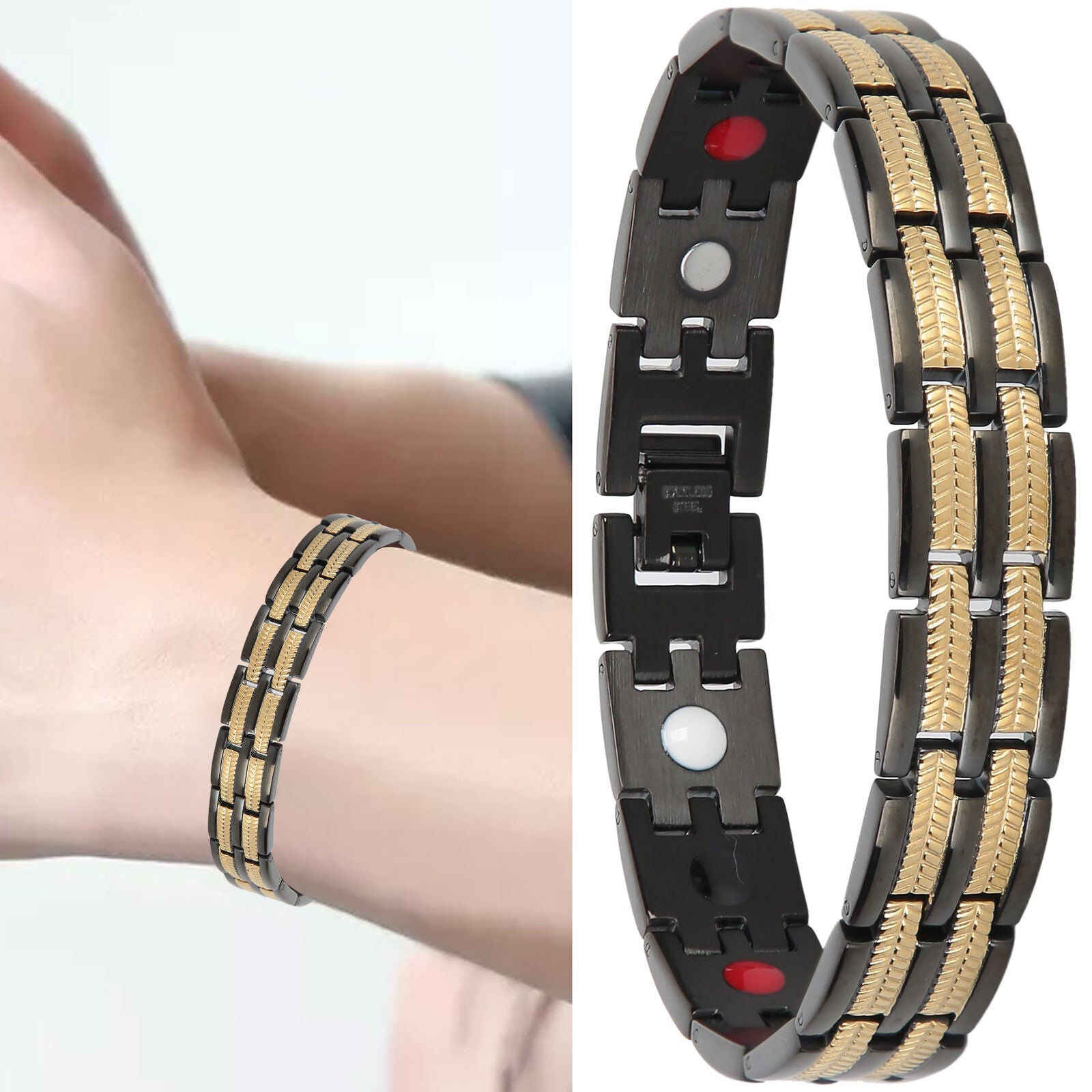 Titanium Stainless Steel Black Gold Magnet Health Therapy Bio Energy Bracelet Men