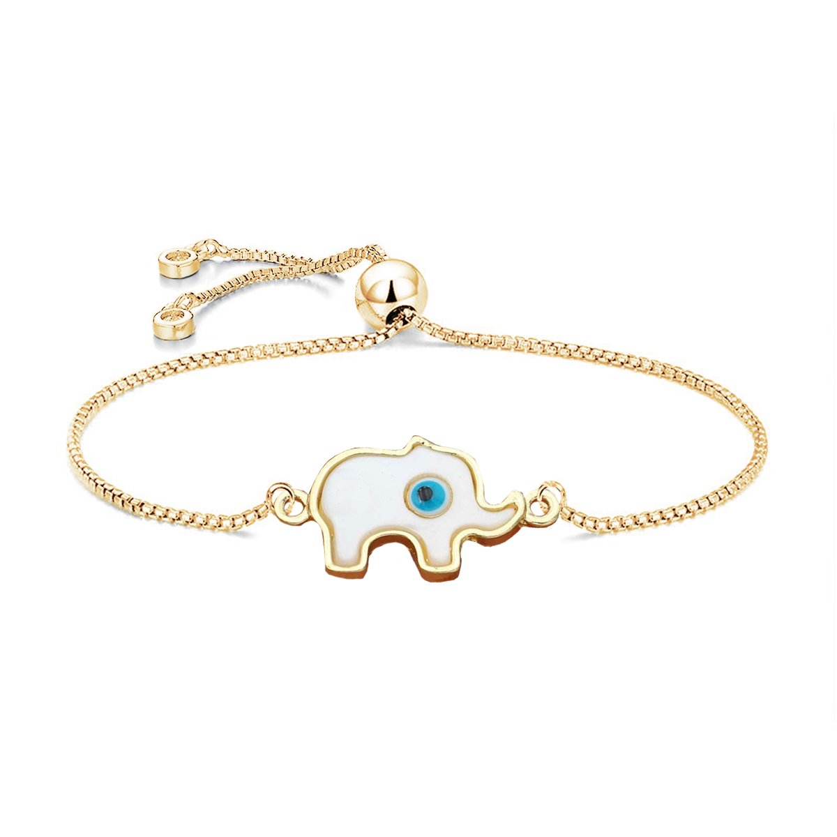 Turkish Blue Evil Eye Elephant Enamel Gold Adjustable Slider Bracelet