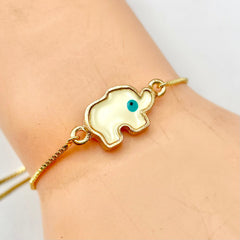 Turkish Blue Evil Eye Elephant Enamel Gold Adjustable Slider Bracelet