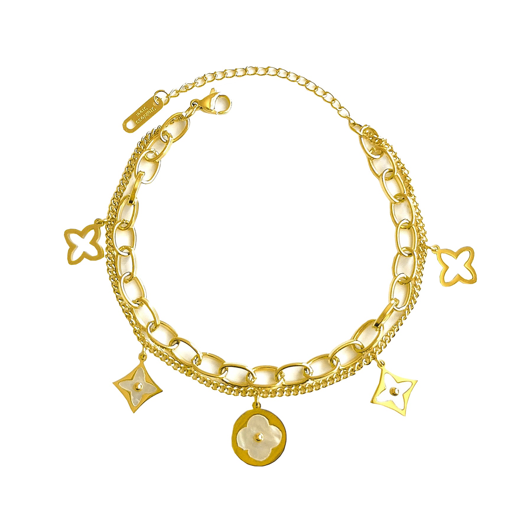 Round Square Flower Clover 18K Gold Stainless Steel Dual Chain Bracelet For Women