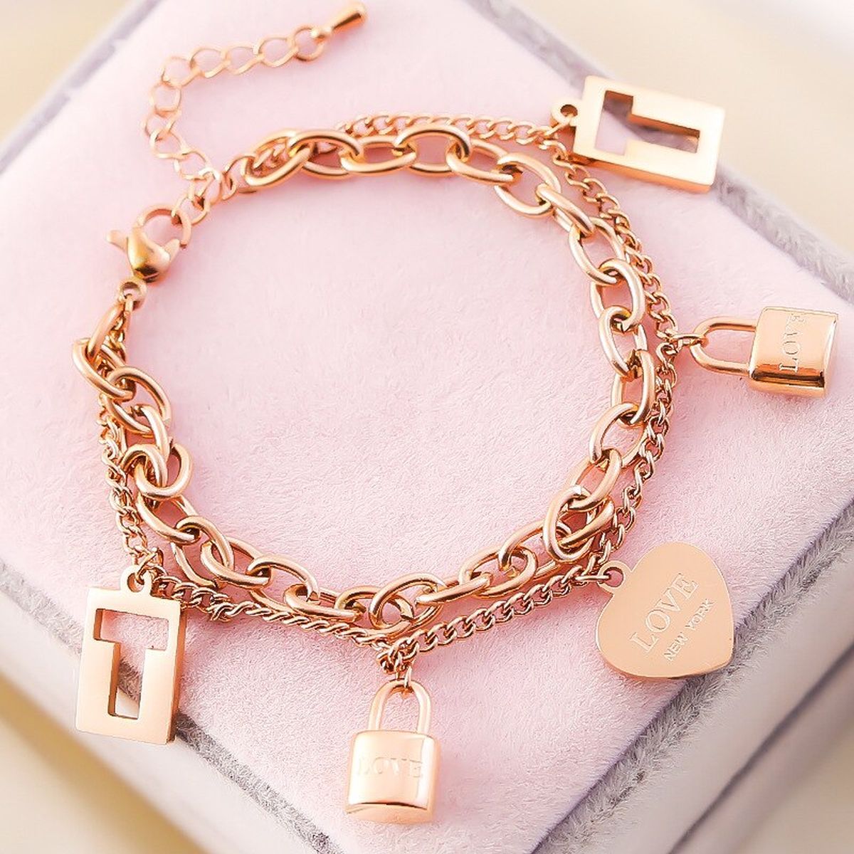 Heart Lock Rose Gold Stainless Steel Dual Chain Bracelet For Women