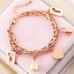 Heart Lock Rose Gold Stainless Steel Dual Chain Bracelet For Women