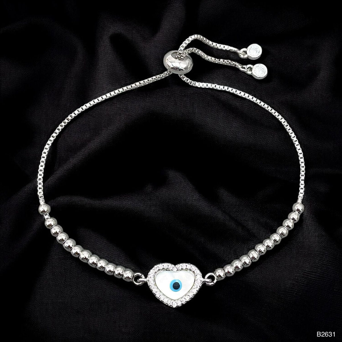 Heart Evil Eye CZ White Silver Anti Tarnish Slider Bracelet