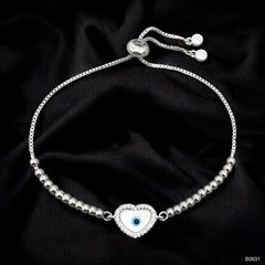 Heart Evil Eye CZ White Silver Anti Tarnish Slider Bracelet