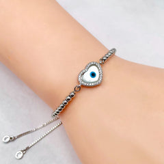Heart Evil Eye CZ White Silver Anti Tarnish Slider Bracelet