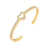 Copper Cubic Zirconia Heart Gold Openable Bangle Cuff For Women