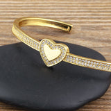 Copper Cubic Zirconia Heart Gold Openable Bangle Cuff For Women