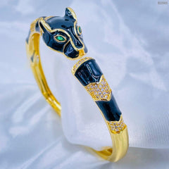 Copper Cubic Zirconia Enamel Panther Black Gold Openable Bangle Cuff Only