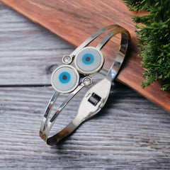 Stainless Steel Twin Evil Eye Mother of Pearl Silver Openable Kada Bangle Women