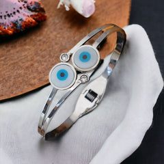 Stainless Steel Twin Evil Eye Mother of Pearl Silver Openable Kada Bangle Women