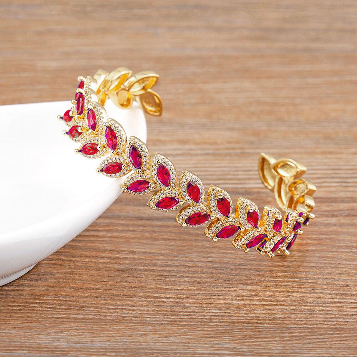 Floral Leaf Ruby Red Cubic Zirconia 18K Gold Anti Tarnish Copper Cuff Kada for Women