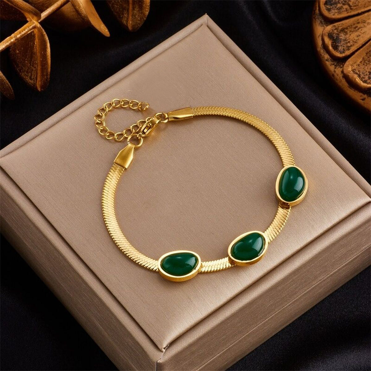 Green Beads 18K Gold Stainless Steel Snake Chain Bracelet for Women