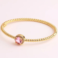 Pink Brilliant Cut Cubic Zirconia 18K Gold Cuff Kada Bracelet for Women