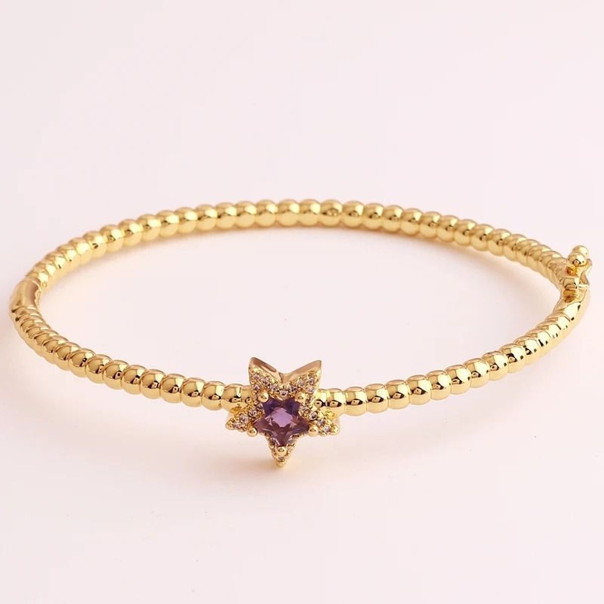 Purple Star Cubic Zirconia 18K Gold Cuff Kada Bracelet for Women
