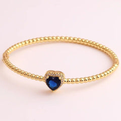 Sapphire Blue Love Heart Cubic Zirconia 18K Gold Cuff Kada Bracelet for Women