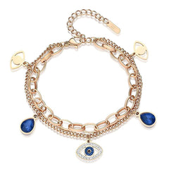 Evil Eye Crystals Layered 18K Rose Gold Links Chain Bracelet for Women