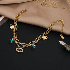 Evil Eye Crystals Layered 18K Rose Gold Links Chain Bracelet for Women