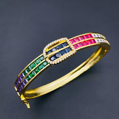 Belt Buckle Multi Color Rainbow Cubic Zirconia 18K Gold Openable Kada Bangle