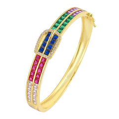 Belt Buckle Multi Color Rainbow Cubic Zirconia 18K Gold Openable Kada Bangle