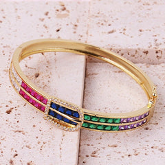 Belt Buckle Multi Color Rainbow Cubic Zirconia 18K Gold Openable Kada Bangle