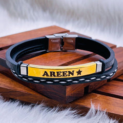 Stainless Steel Gold Black Customized Personalised Laser Engraved Leather Wrist Band ID Bracelet Men