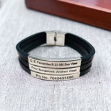 3 Layers Stainless Steel Silver Customized Personalised Laser Engraved Leather Wrist Band ID Bracelet Men