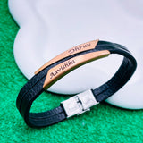 Geometric Stainless Steel Gold Black Customized Personalised Laser Engraved Wrist Band Leather Bracelet For Men