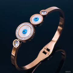 Stainless Steel Cubic Zirconia  Pink Rose Gold Three Evil Eye  Open  Cuff & Kada Women