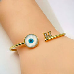 Lock Key Evil Eye Mother of Pearl 18K Gold Cuff Kada Bangle for Women