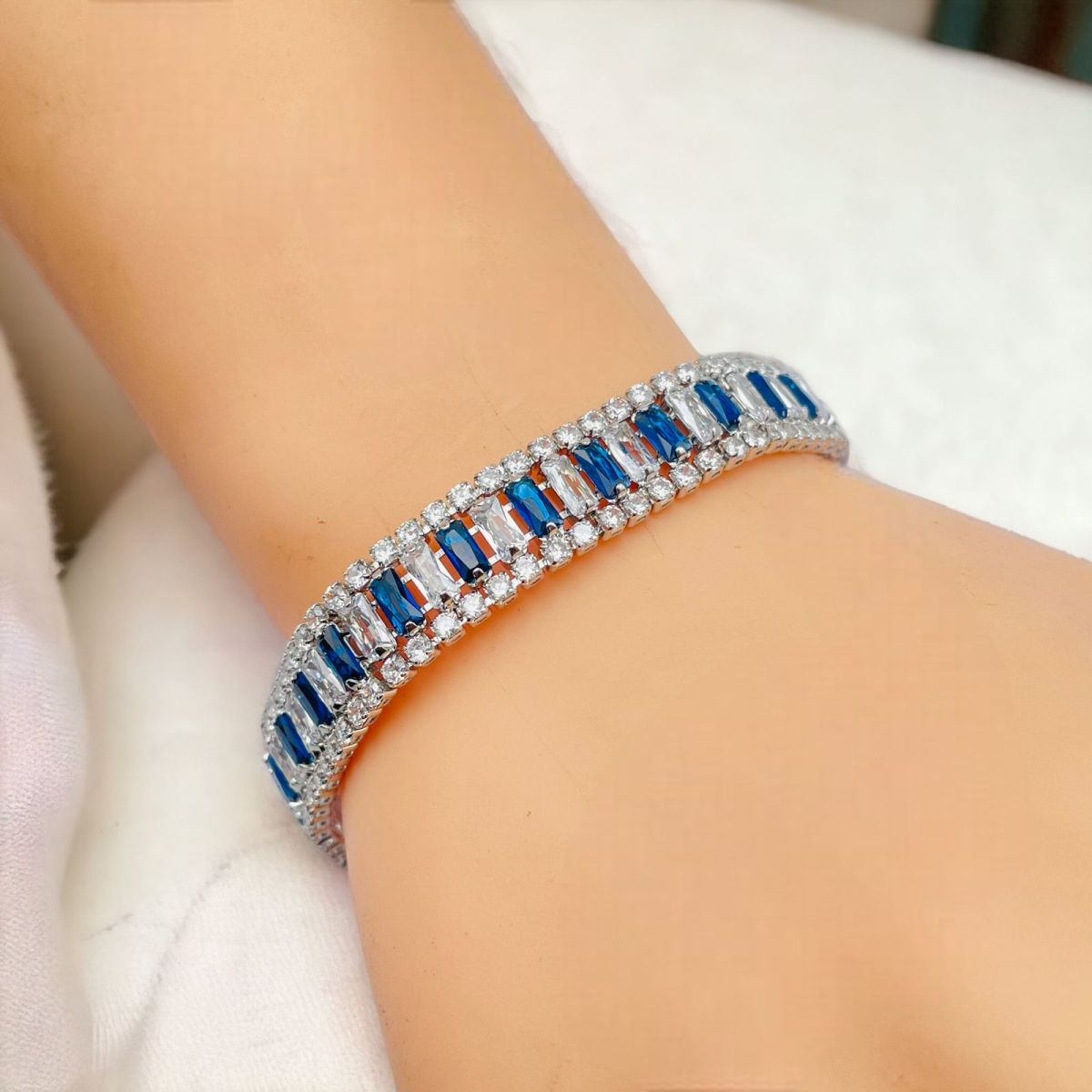 Green Emerald Baguette Cubic Zirconia Silver Tennis Bracelet for Women