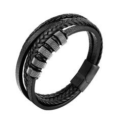 Multi-Layer Rope Ring Black Leather Stainless Steel Wrist Wrap Band Strand Bracelet For Men