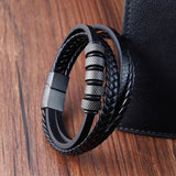 Multi-Layer Rope Ring Black Leather Stainless Steel Wrist Wrap Band Strand Bracelet For Men